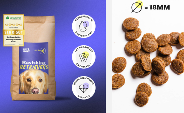 HEY HOLY Ravishing Retrievers Trockenfutter mit Abbildung der Kibbles