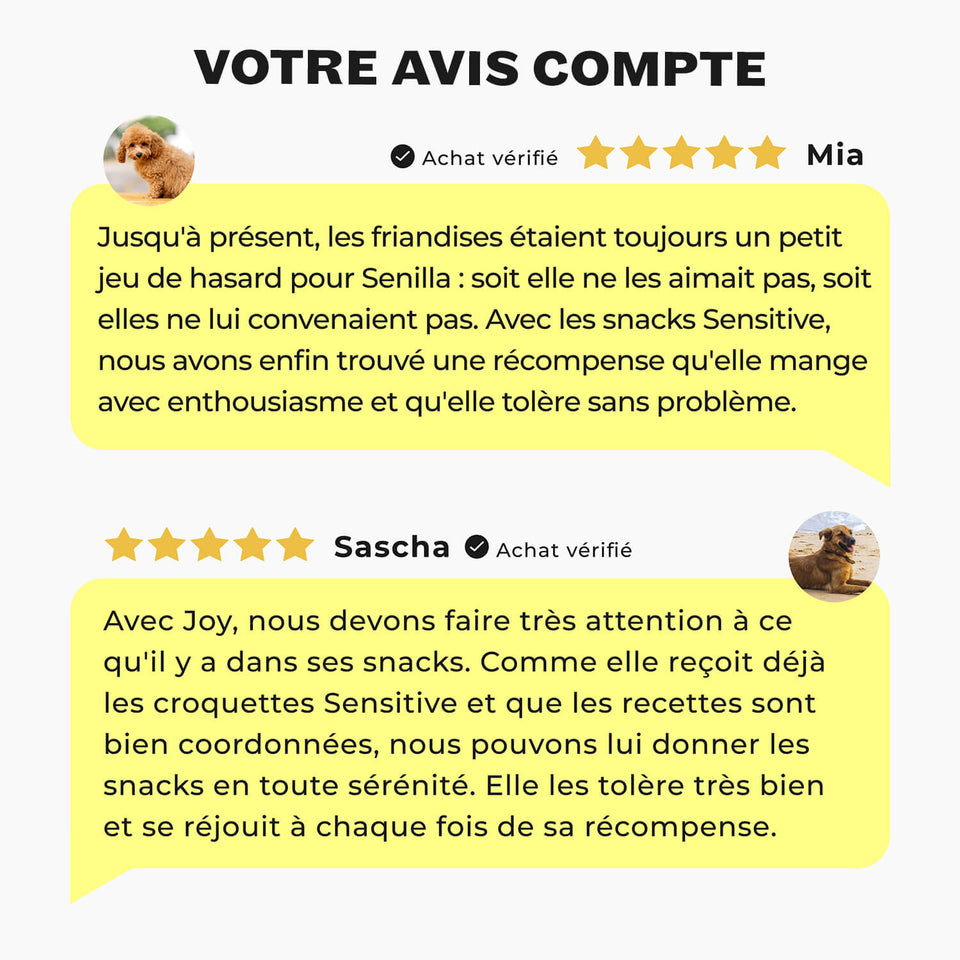 Avantages des snacks HEY HOLY Sensitive : ingrédients naturels, hypoallergéniques, développés par des vétérinaires, sans céréales ni sucre